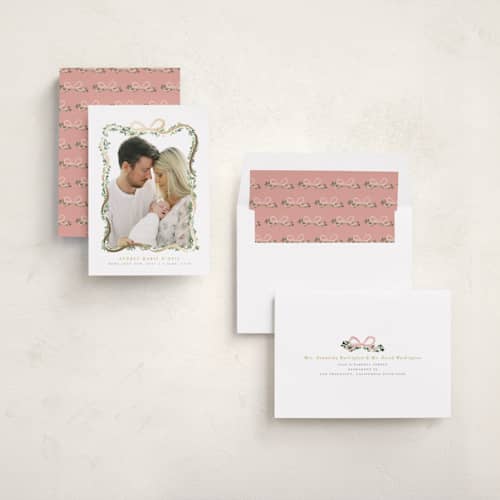 This is a blush foil stamped birth announcements with foil pressed by Itsy Belle Studio called ribbonly frame printing on recycled smooth signature in standard