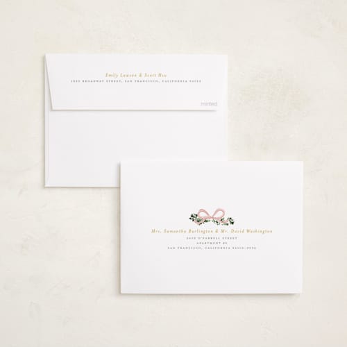 This is a blush foil stamped birth announcements with foil pressed by Itsy Belle Studio called ribbonly frame printing on recycled smooth signature in standard