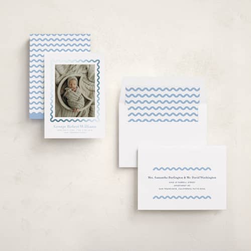 This is a bluebell foil stamped birth announcements with foil pressed by Megan Davis called ric rac printing on recycled smooth signature in standard