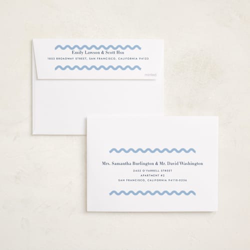 This is a bluebell foil stamped birth announcements with foil pressed by Megan Davis called ric rac printing on recycled smooth signature in standard