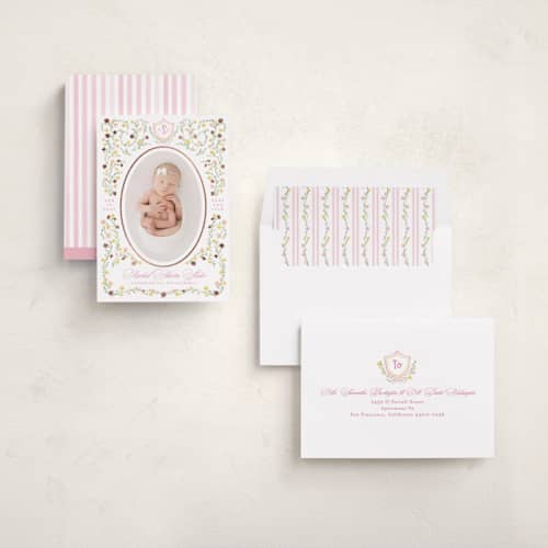 This is a cotton candy foil stamped birth announcements with foil pressed by Creo Study called cottagecore printing on recycled smooth signature in standard