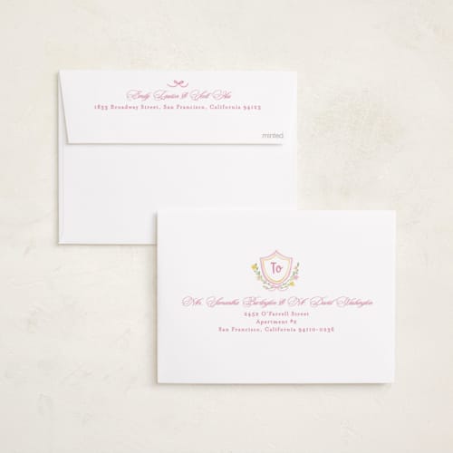 This is a cotton candy foil stamped birth announcements with foil pressed by Creo Study called cottagecore printing on recycled smooth signature in standard