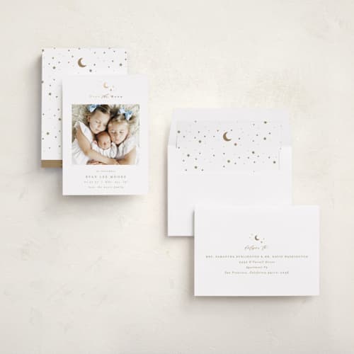 This is a fawn foil stamped birth announcements with foil pressed by AK Graphics called over the moon printing on signature in standard