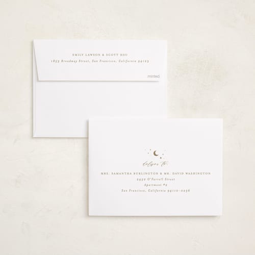 This is a fawn foil stamped birth announcements with foil pressed by AK Graphics called over the moon printing on signature in standard