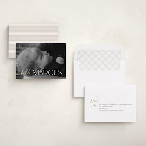 This is a cotton foil stamped birth announcements with foil pressed by Robert and Stella called a big hello printing on recycled smooth signature in standard