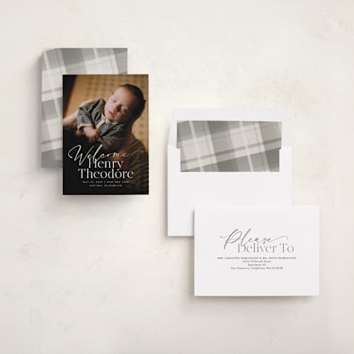 This is a cloud foil stamped birth announcements with foil pressed by Jackie Crawford called scripted welcome printing on recycled smooth signature in standard
