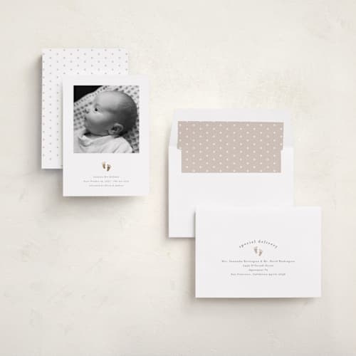 This is a rice foil stamped birth announcements with foil pressed by Melanie Kosuge called sweetness printing on recycled smooth signature in standard
