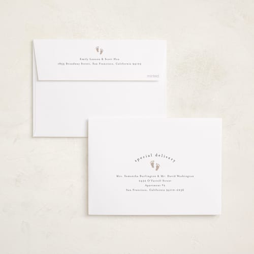 This is a rice foil stamped birth announcements with foil pressed by Melanie Kosuge called sweetness printing on recycled smooth signature in standard