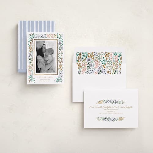 This is a lavender foil stamped birth announcements with foil pressed by Alethea and Ruth called wildflower frame printing on recycled smooth signature in standard