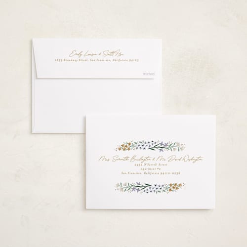 This is a lavender foil stamped birth announcements with foil pressed by Alethea and Ruth called wildflower frame printing on recycled smooth signature in standard