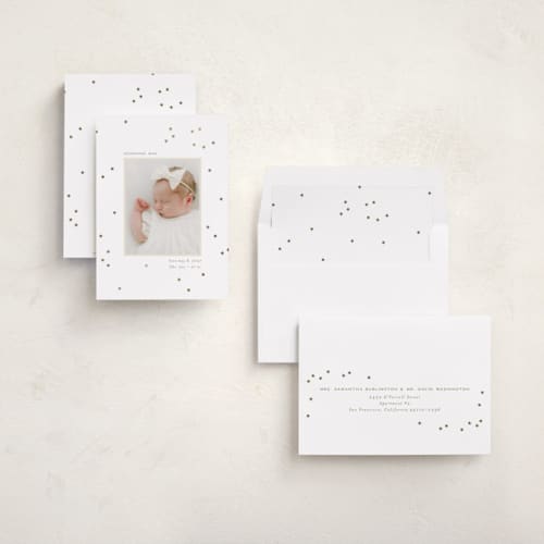 This is a north star foil stamped birth announcements with foil pressed by Ellen Schlegelmilch called twinkly stars printing on recycled smooth signature in standard