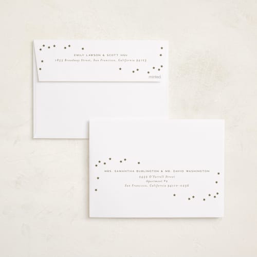 This is a north star foil stamped birth announcements with foil pressed by Ellen Schlegelmilch called twinkly stars printing on recycled smooth signature in standard