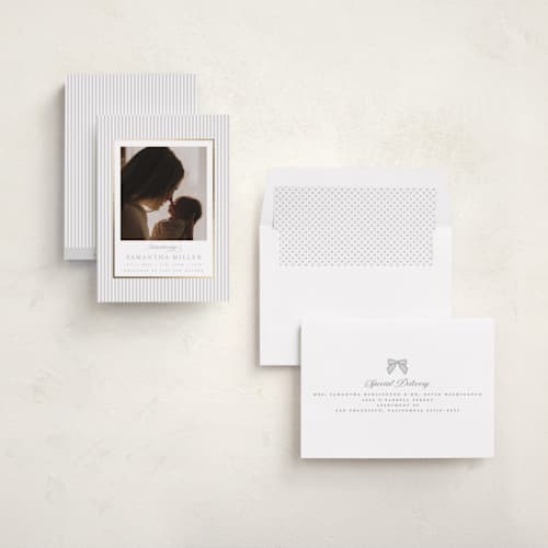 This is a cloud foil stamped birth announcements with foil pressed by Teju Reval called minimal stripes printing on recycled smooth signature in standard
