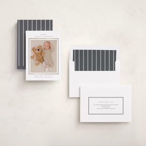 This is a cloud foil stamped birth announcements with foil pressed by Nicole Walsh called classic border printing on recycled smooth signature in standard