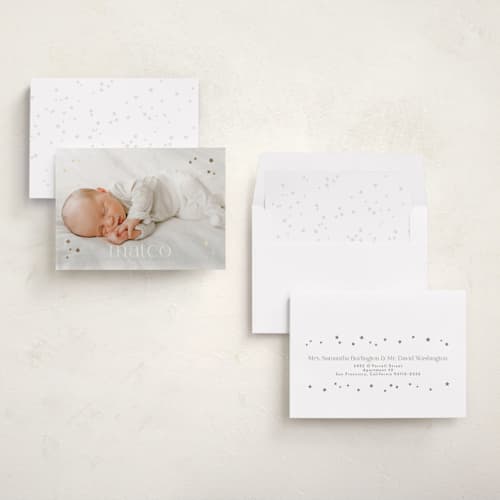 This is a cloud foil stamped birth announcements with foil pressed by Gwen Bedat called milky way printing on recycled smooth signature in standard