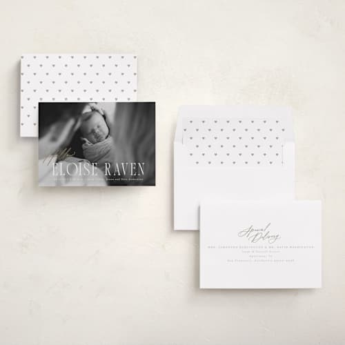 This is a marshmallow foil stamped birth announcements with foil pressed by Everett Paper Goods called cara printing on recycled smooth signature in standard