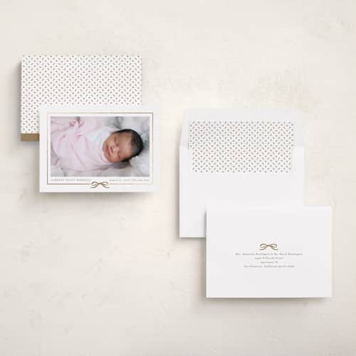 This is a cotton foil stamped birth announcements with foil pressed by Jessica Williams called ribbon wrap printing on recycled smooth signature in standard