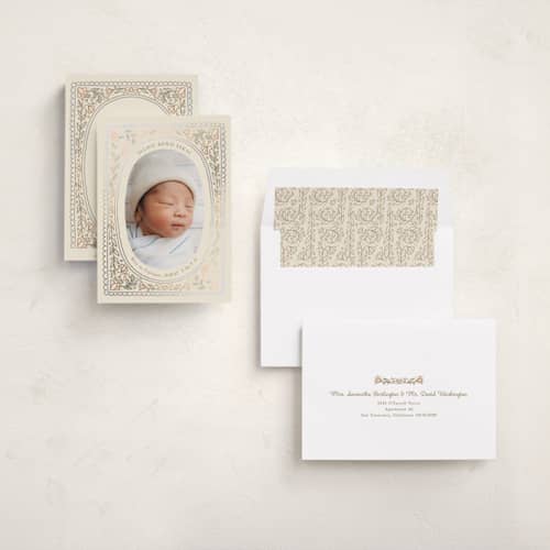 This is a ivory foil stamped birth announcements with foil pressed by Becky Nimoy called scallop watercolor printing on recycled smooth signature in standard