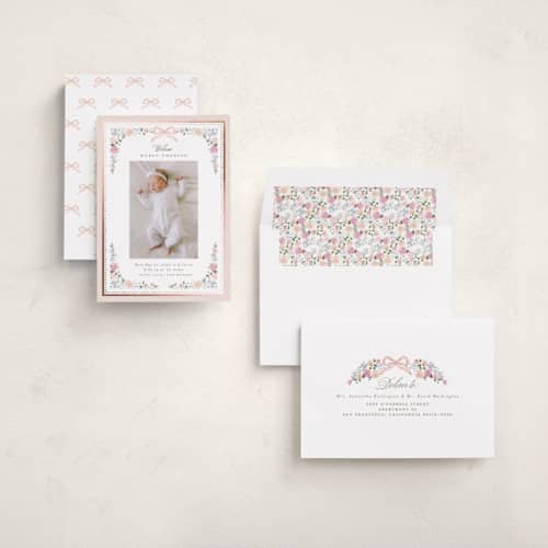This is a blush foil stamped birth announcements with foil pressed by Itsy Belle Studio called merie printing on recycled smooth signature in standard