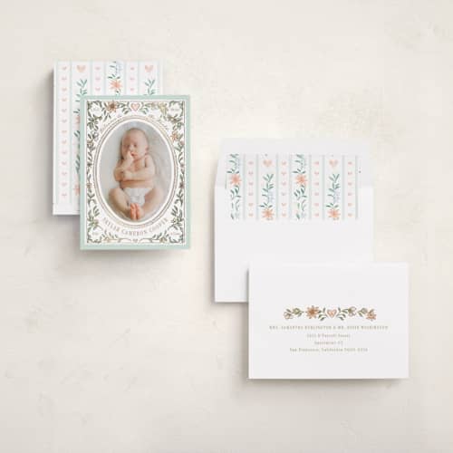 This is a turquoise foil stamped birth announcements with foil pressed by Leah Bisch called nature frame printing on recycled smooth signature in standard