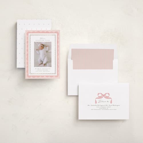 This is a blush foil stamped birth announcements with foil pressed by Itsy Belle Studio called fia printing on recycled smooth signature in standard