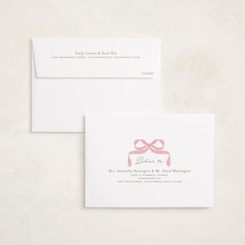 This is a blush foil stamped birth announcements with foil pressed by Itsy Belle Studio called fia printing on recycled smooth signature in standard
