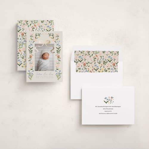 This is a soft linen foil stamped birth announcements with foil pressed by Tasha Meurer called garden lullaby dream printing on recycled smooth signature in standard