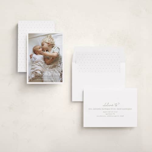 This is a sugar foil stamped birth announcements with foil pressed by Ashley Iwafuchi called loving welcome printing on recycled smooth signature in standard