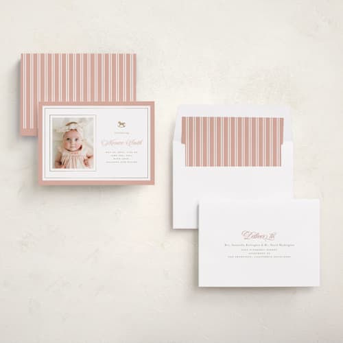 This is a cupcake foil stamped birth announcements with foil pressed by Christy Hy Lee called classic rocking horse printing on recycled smooth signature in standard