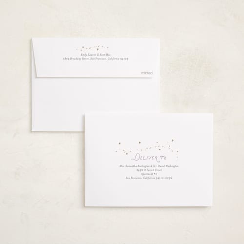 This is a lilac foil stamped birth announcements with foil pressed by Summer Winkelman called balloon whimsy printing on recycled smooth signature in standard