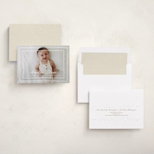 This is a daisy foil stamped birth announcements with foil pressed by Stephanie Heinrich Godbout called tiny treasure printing on recycled smooth signature in standard