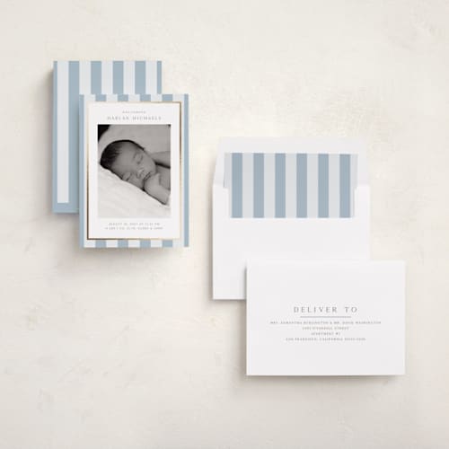 This is a sky foil stamped birth announcements with foil pressed by Nicole Walsh called modern stripe printing on recycled smooth signature in standard