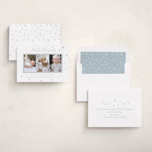 This is a starlight foil stamped birth announcements with foil pressed by Kamala Nahas called little stars printing on recycled smooth signature in standard