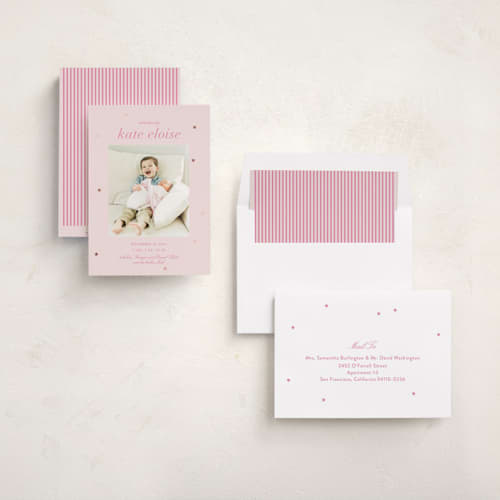 This is a ballet slipper foil stamped birth announcements with foil pressed by Megan Davis called plum perfect printing on recycled smooth signature in standard