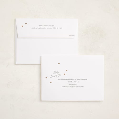 This is a linen foil stamped birth announcements with foil pressed by Robert and Stella called lots of love printing on recycled smooth signature in standard