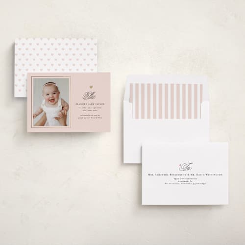 This is a blush foil stamped birth announcements with foil pressed by Alethea and Ruth called tiny heart detail printing on recycled smooth signature in standard