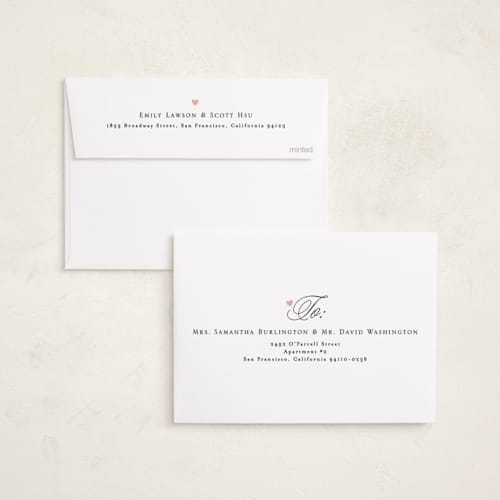 This is a blush foil stamped birth announcements with foil pressed by Alethea and Ruth called tiny heart detail printing on recycled smooth signature in standard