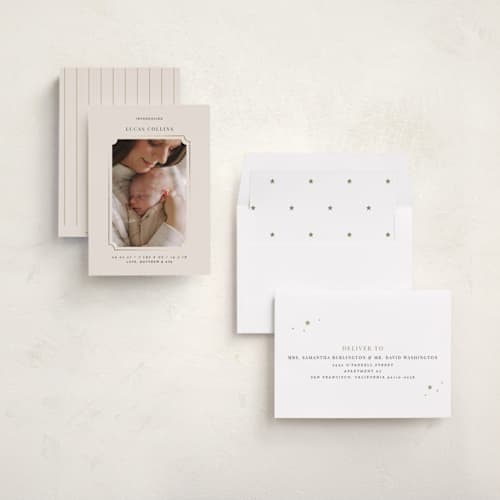 This is a linen foil stamped birth announcements with foil pressed by Cass Loh called tender welcome printing on recycled smooth signature in standard