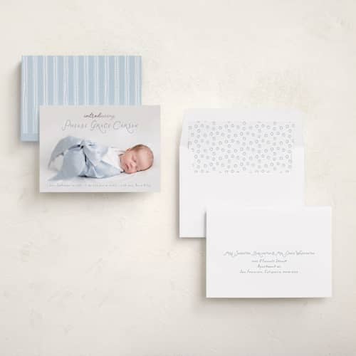This is a cloud foil stamped birth announcements with foil pressed by Laura Hankins called handdrawn printing on recycled smooth signature in standard