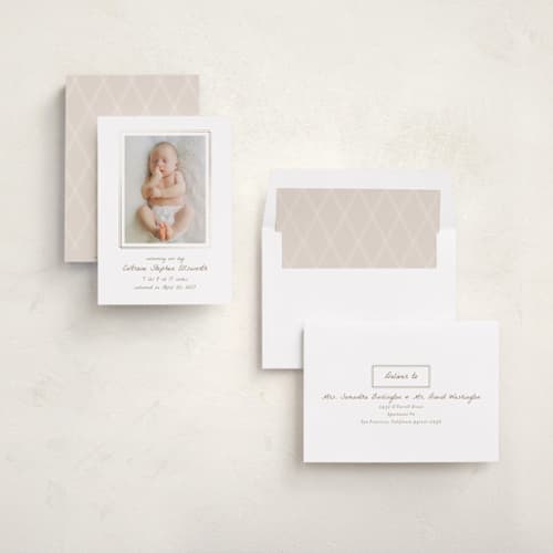 This is a cocoa foil stamped birth announcements with foil pressed by chocomocacino called caufre printing on recycled smooth signature in standard