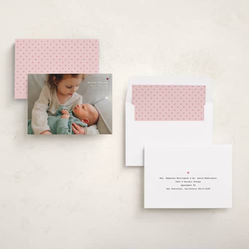 This is a cotton foil stamped birth announcements with foil pressed by Adelyn T. called mini heart printing on recycled smooth signature in standard