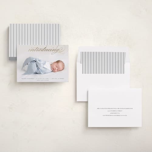 This is a cloud foil stamped birth announcements with foil pressed by Selima Akhter called script intro printing on recycled smooth signature in standard