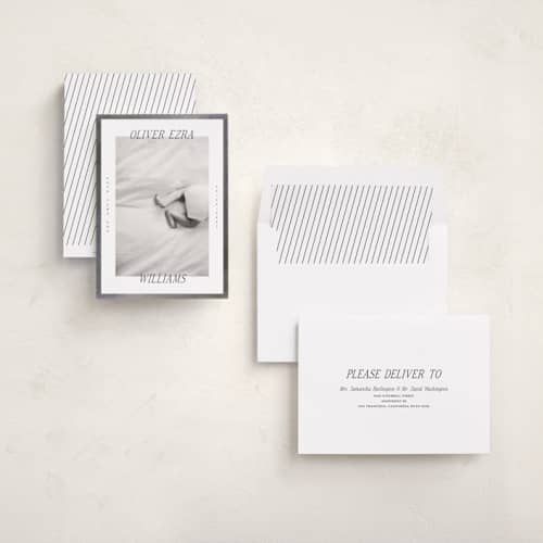 This is a pearl foil stamped birth announcements with foil pressed by Claudia Orengo called edgy printing on recycled smooth signature in standard
