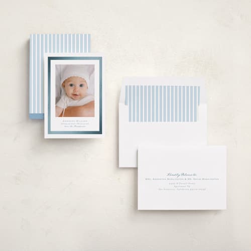 This is a sky foil stamped birth announcements with foil pressed by Tamara Hilje called tiny gild printing on recycled smooth signature in standard