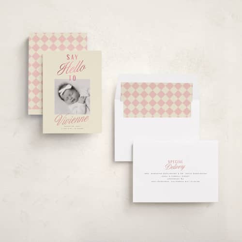 This is a lemonade foil stamped birth announcements with foil pressed by Everett Paper Goods called adeline printing on recycled smooth signature in standard