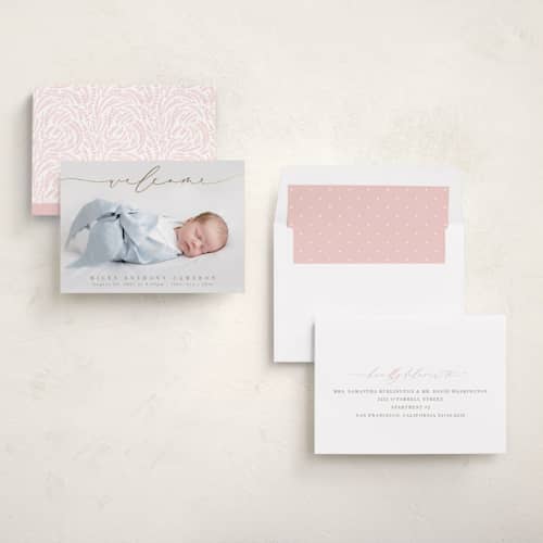 This is a fawn foil stamped birth announcements with foil pressed by Olivia Raufman called blissful welcome printing on recycled smooth signature in standard