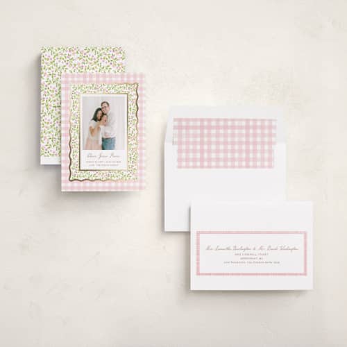 This is a peony foil stamped birth announcements with foil pressed by Creo Study called patio printing on recycled smooth signature in standard