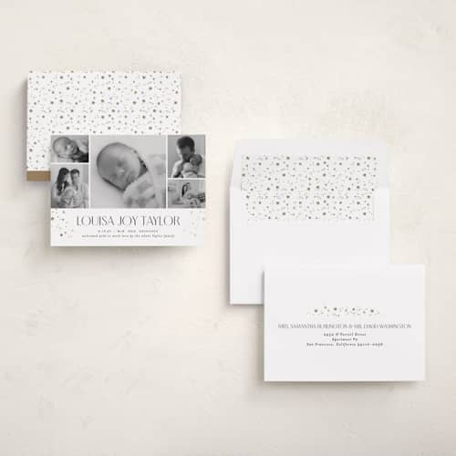 This is a pearl foil stamped birth announcements with foil pressed by Alethea and Ruth called star slideshow printing on recycled smooth signature in standard