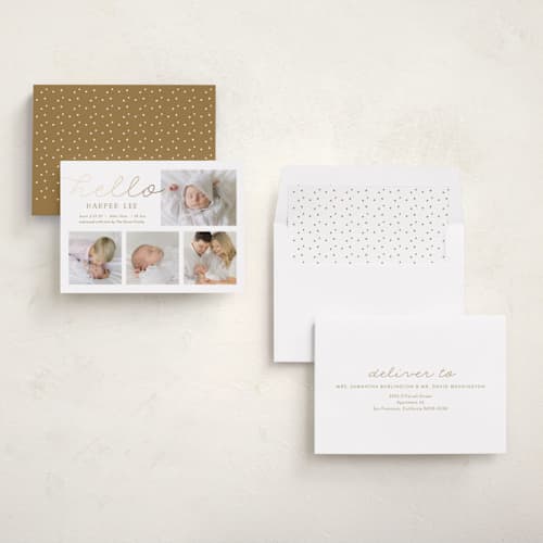 This is a honey foil stamped birth announcements with foil pressed by Carolyn MacLaren called glittering hello printing on recycled smooth signature in standard