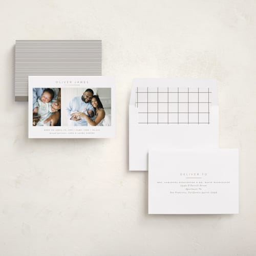 This is a clay foil stamped birth announcements with foil pressed by Carolyn Nicks called simply sweet printing on recycled smooth signature in standard